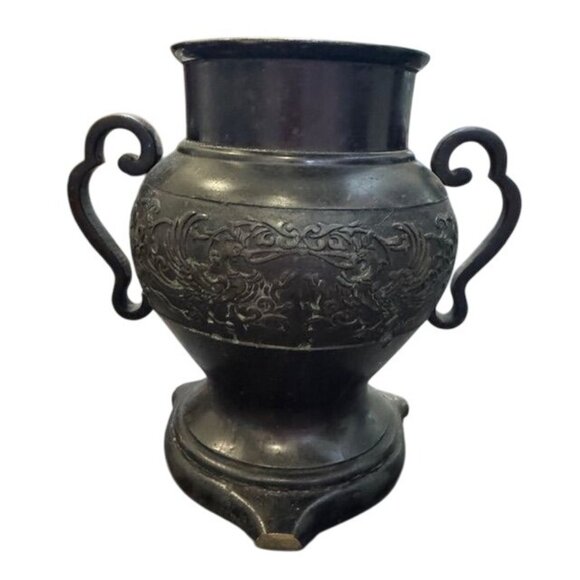 Antique Bronze Double-Handled Vase With Intricate Floral Embossed Design & Patin - Picture 1 of 5